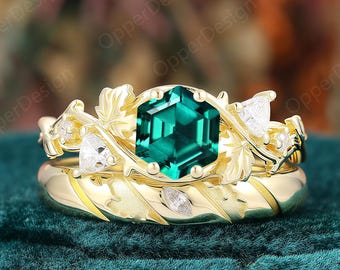 Hexagonal Cut Emerald Nature Vine Women's Wedding Ring, Gold Leaf Twig Men's Wedding Bands, Unique Leaf Branch Couple Rings, His And Hers