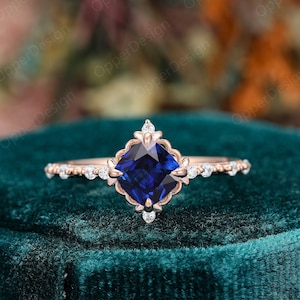 Antique Sapphire Engagement Ring, Unique Cushion Cut 6mm Sapphire Wedding Ring, 14K Rose Gold Anniversary Ring, Sapphire Birthstone Ring