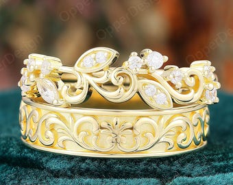 Moissanite Floral Vine Couple Ring Set, Gold His and Hers Wedding Bands, Stackable Promise Rings, Ornate Garden Wedding Ring Set for Couple