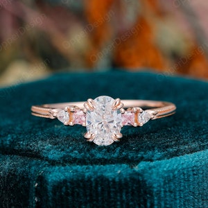 Pink Sapphire Wedding Ring, Oval Cut 5x7mm Moissanite Engagement Ring, Minimalist Moissanite Women Promise Ring,Unique Anniversary Ring Gift