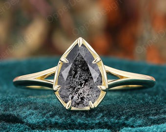 Pear Shaped Salt and Pepper Diamond Engagement Ring, Unique Split Shank Wedding Ring, Teardrop Solitaire Herkimer Diamond Promise Ring Gift