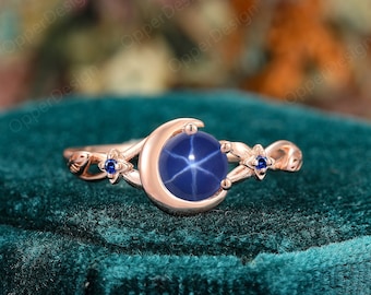 6mm Round Star Sapphire Engagement Ring, Moon Blue Sapphire Wedding Ring, Cluster Star Blue Engagement Ring,Unique Personalized Promise Ring
