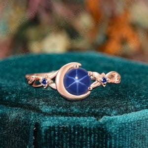 6mm Round Star Sapphire Engagement Ring, Moon Blue Sapphire Wedding Ring, Cluster Star Blue Engagement Ring,Unique Personalized Promise Ring