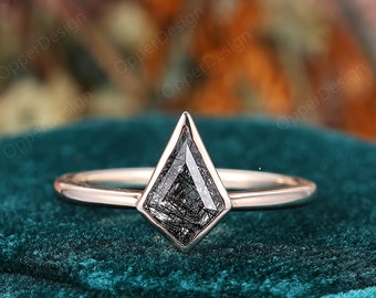 Kite Cut Black Rutilated Quartz Ring, Rose Gold Silver Engagement Ring For Women, Black Gems Wedding Ring, Unique Anniversary Ring Delicate