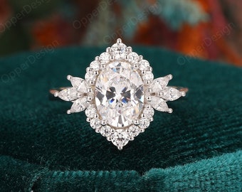 1.5CT Oval Cut 6x8mm Moissanite Engagement Ring, Solid Gold Ring, Anniversary Wedding Ring, Halo Ring, Stackable Moissanite Ring For Women