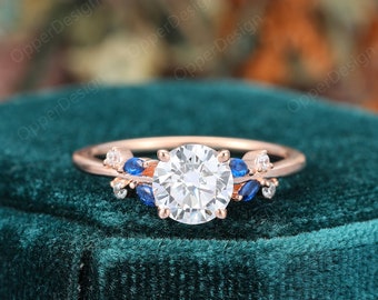 Round Cut 7mm Moissanite Engagement Ring, 14K Rose Gold Bridal Ring, Unique Sapphire Ring, Minimalist Proposal Ring, Delicate Handmade Ring