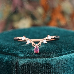 Pear Cut Ruby Wedding Band, Curved Matching Band, 14k Rose Gold Moissanite Ring Band, Unique Stacking Band Ring, Vintage Ring, Dainty Ring