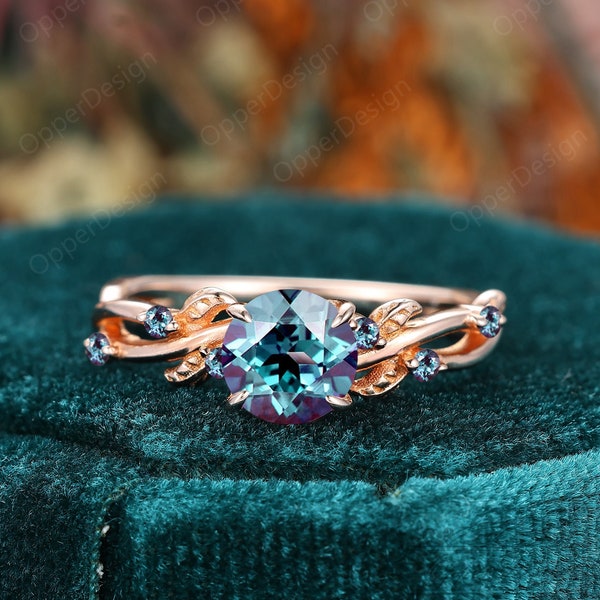 Round Shape 1CT Alexandrite Wedding Ring, Unique Promise Ring, 14K Rose Gold Engagement Ring, Vintage Leaf Shape Branch Alexandrite Ring