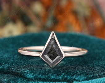 Skye Galaxy Raw Salt & Pepper Diamond Ring, Kite Cut Engagement Ring, Unique Bridal Geometric Promise Ring, Bezel Set Simple Design Ring