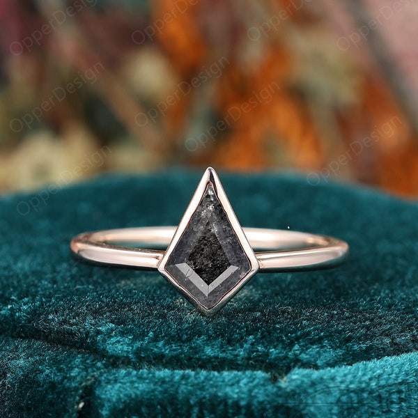 Skye Galaxy Raw Salt & Pepper Diamond Ring, Kite Cut Engagement Ring, Unique Bridal Geometric Promise Ring, Bezel Set Simple Design Ring