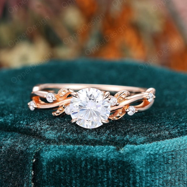 Nature Inspired Round Cut Moissanite Engagement Ring, Unique Rose Gold Branch Leaf Ring, Handmade Round Cut Anniversary Promise Bridal Ring