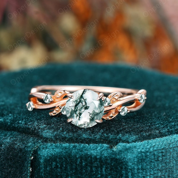 Round Shape Moss Agate Engagement Ring Rose Gold, Vintage Branch Design Diamond Bridal Ring, Unique Leaf Twist Wedding Ring Anniversary Ring