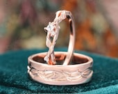 2PCS Rose Gold Couple Ring Set, His and Hers Matching Wedding Band