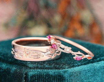 Unique Leaf Shape Design Wedding Band, 2PCS Rose Gold Couple Ring Set,  Vintage Promise Rings For Couples, Ruby Floral Women Wedding Band