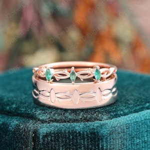 Unique Emerald Wedding Band, 2PCS Rose Gold Couple Ring Set, Vintage Promise Rings For Couples, Emerald Women Men Couple Matching Band Set
