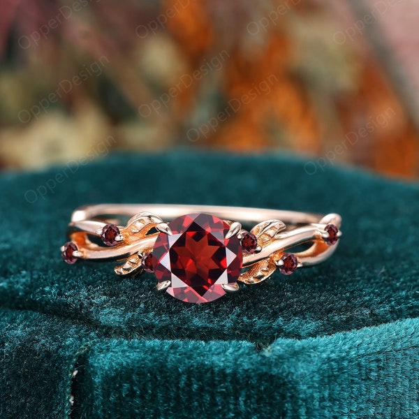 Round Cut 6.5mm Red Garnet Engagement Ring Rose Gold, Vintage Branch Design Ring, Unique Leaf Twist Wedding Ring, Garnet Anniversary Ring