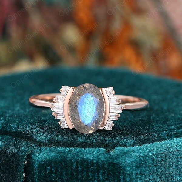 Minimalist Art Deco Wedding Ring, Oval Cut 6x8mm 1.5CT Labradorite Ring, Delicate Handmade Ring, Vintage Antique Anniversary Women Ring Gift