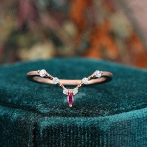 14K Rose Gold Wedding Ring, V Shape Matching Band, Ruby Moissanite Band Ring, Unique Ring, Vintage Women Promise Ring Band, Stacking Band