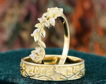 Nature Inspired Vine Leaf His And Hers Wedding Ring Set, Gold Twig Floral Matching Couple Bands, Stackable Promise Rings For Anniversary