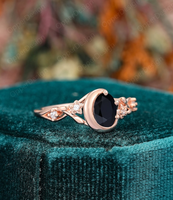 Natural Black Onyx Ring, Oval Cut 5x7mm Onyx Engagement Ring, Moon