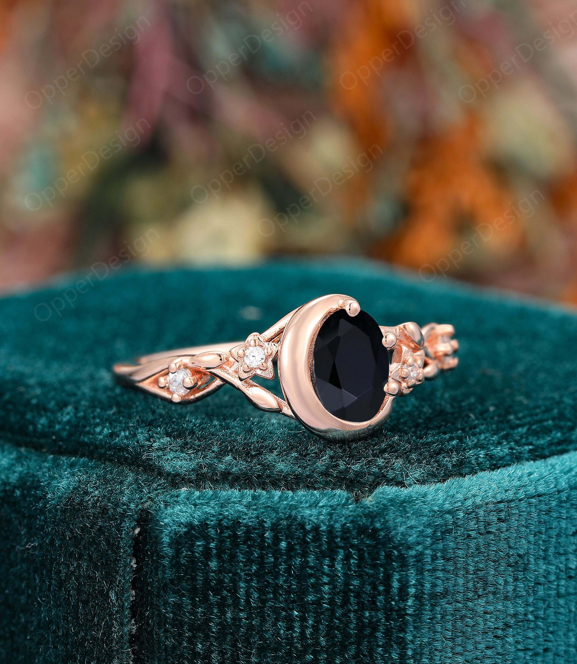 Natural Black Onyx Ring, Oval Cut 5x7mm Onyx Engagement Ring, Moon