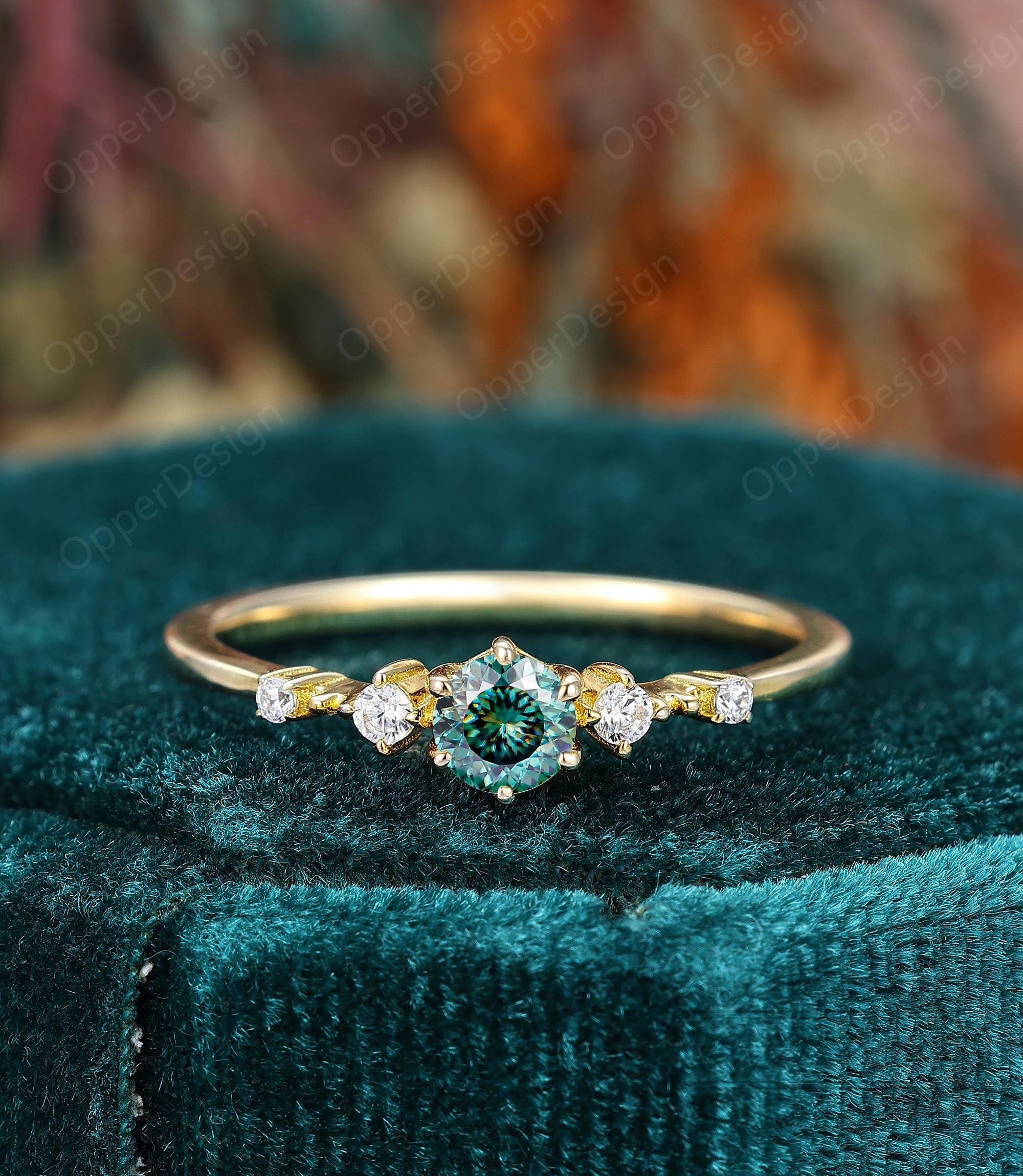 Cyan Blue Green Moissanite Wedding Ring, Vintage Yellow Gold Ring, Protuguese Round Cut 4mm Blue Green Moissanite Ring, Unique Women Ring