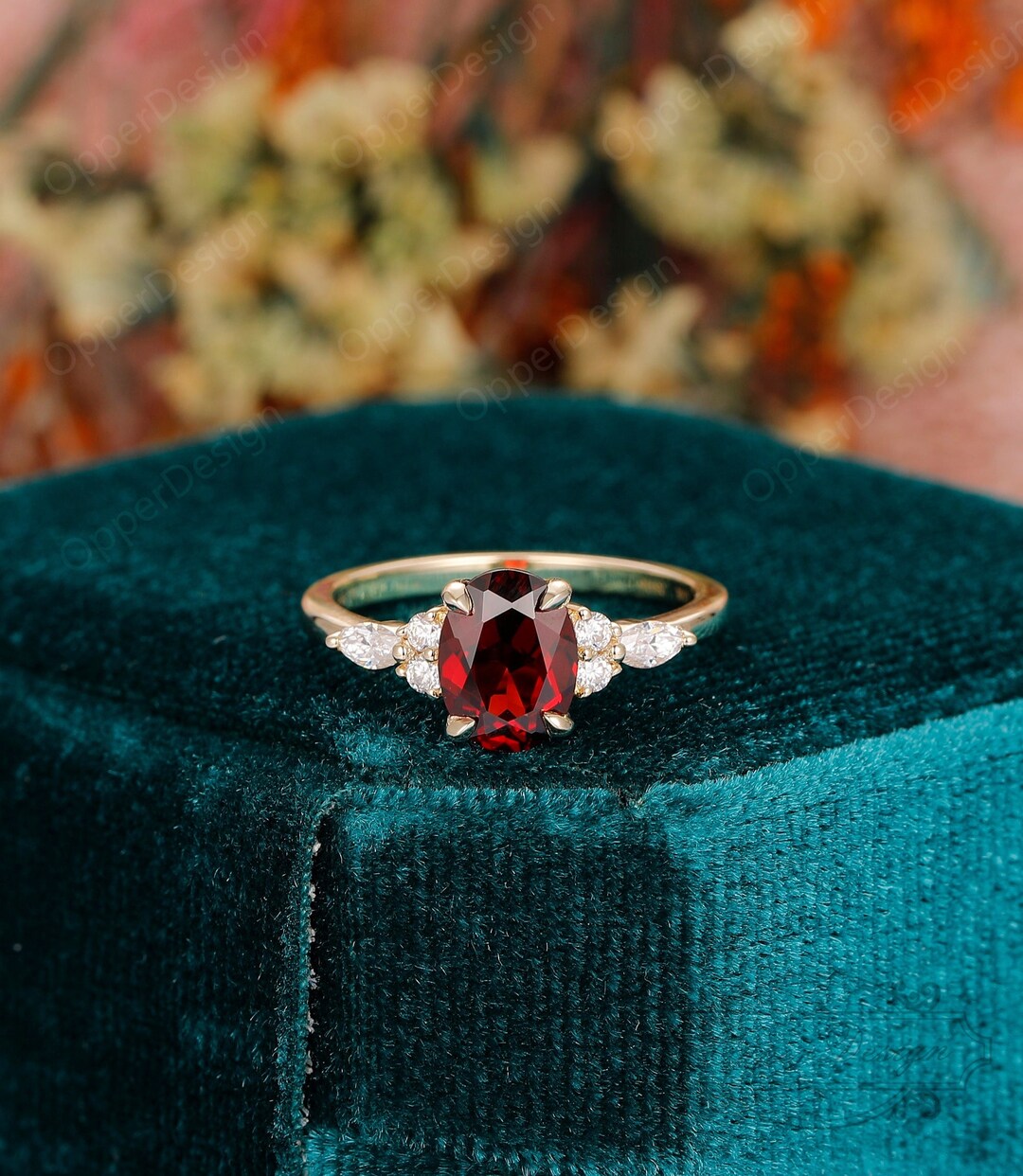 Natural Red Gemstone Ring, Cluster Moissanite Ring, Solid 14k Gold ...