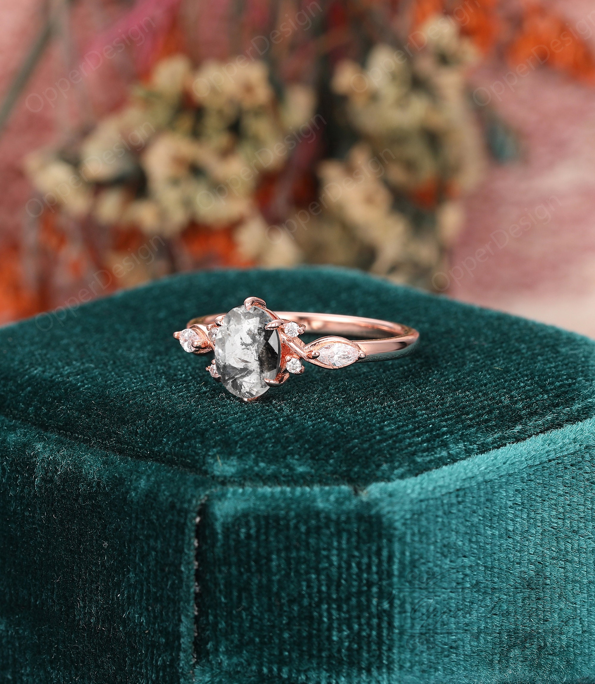 Oval Cut 6x8mm Herkimer Diamond Engagement Ring, Unique Branch