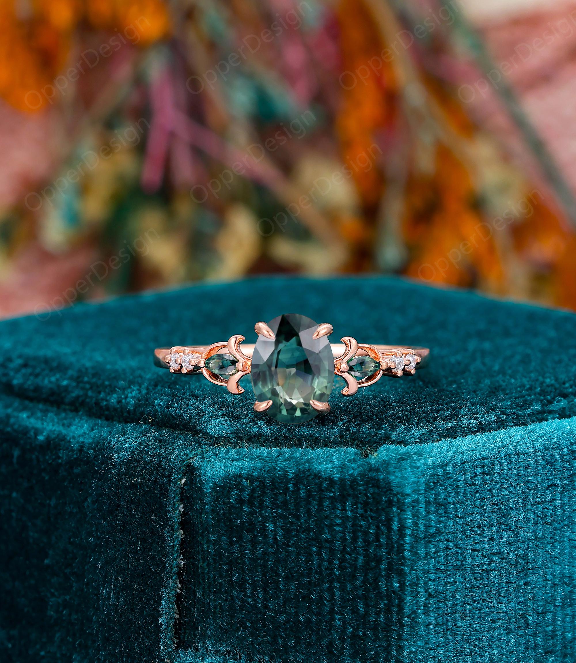 Teal saffier trouwring voor vrouwen, roségouden ring, jubileumring cadeau, ovaal geslepen 6 x 8 mm groenblauw saffier verlovingsring, antieke bruidsring