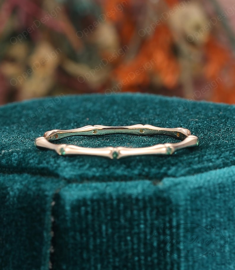 14K Solid Gold Bamboo Ring, Bamboo Ring, Emerald Gold Band Ring, Unique ...