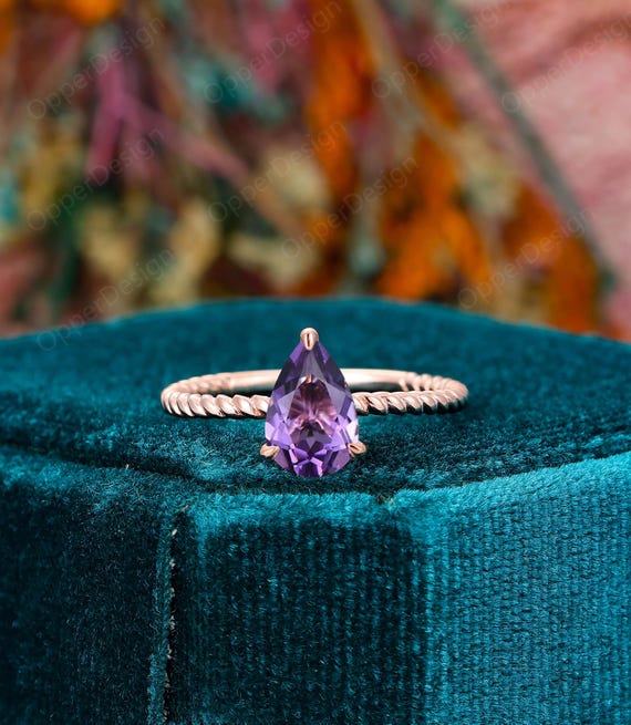 Amethyst Wedding Ring, Tear Drop Amethyst Ring,14k Rose Gold
