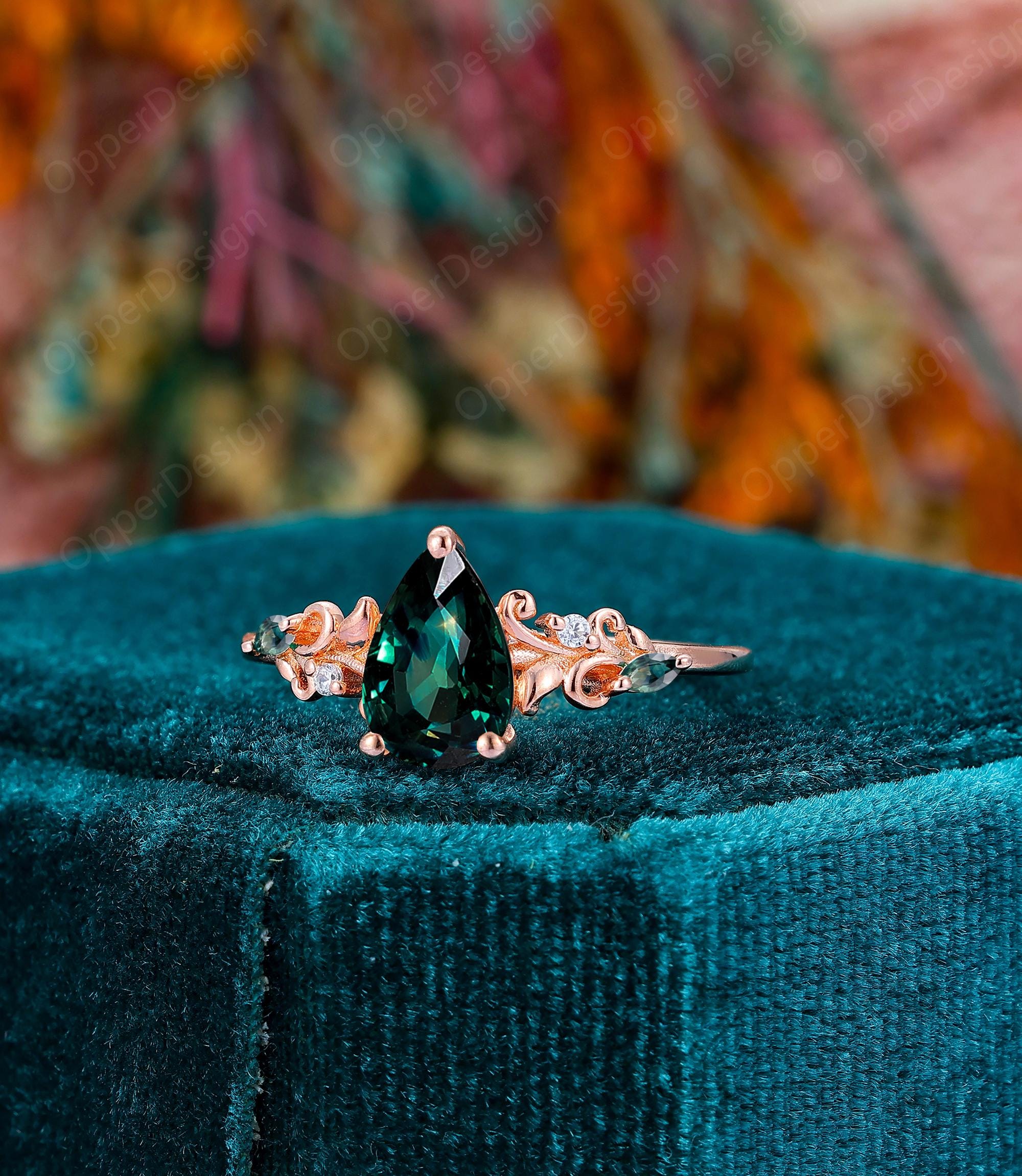 Natural Teal Sapphire Wedding Ring, Stacking Sapphire Ring, Pear