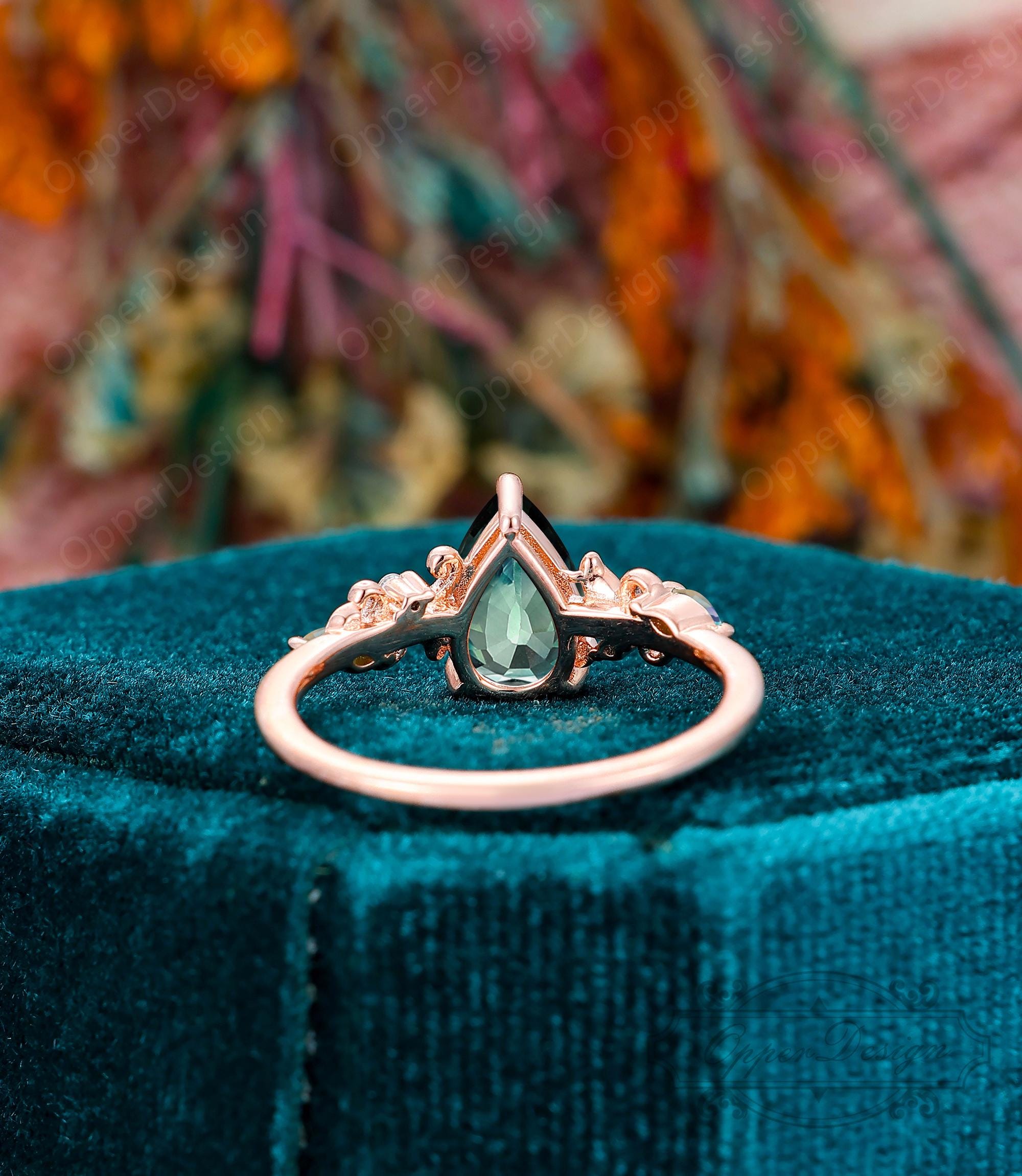 Natural Teal Sapphire Wedding Ring, Stacking Sapphire Ring, Pear