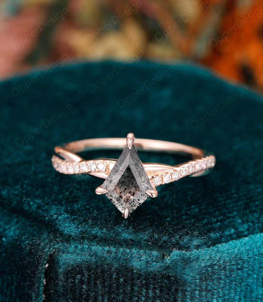 Galaxy Raw Salt Pepper Diamond Ring, Kite Cut Natural Herkimer