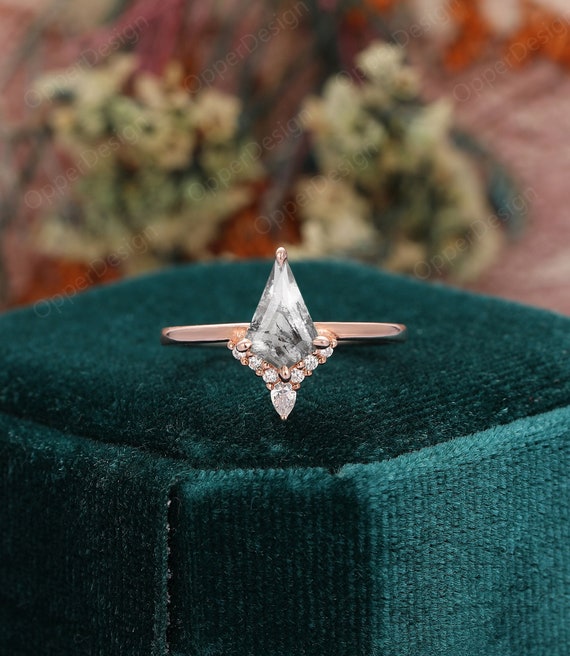 Stacking Diamond Engagement Ring, Kite Shape Natural Herkimer