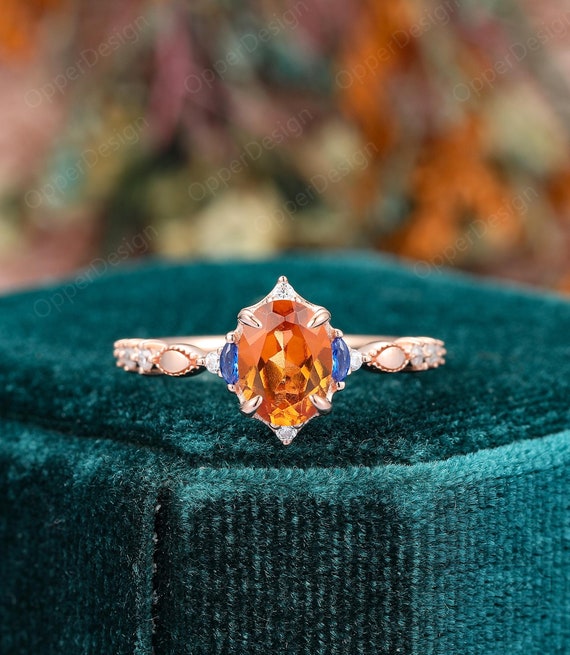 Natural Orange Garnet Wedding Ring for Women, 14k Rose Gold Garnet