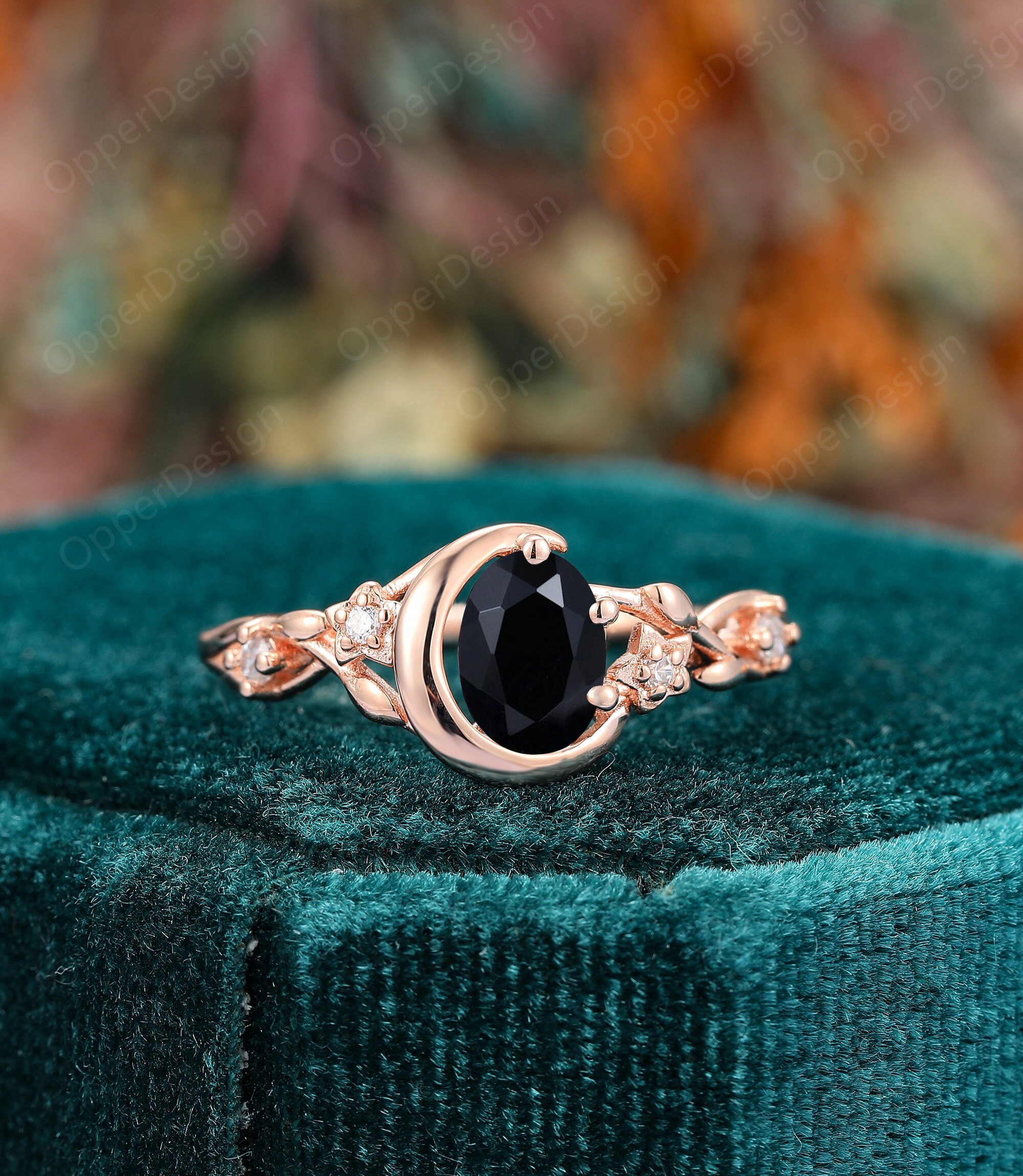 Natural Black Onyx Ring, Oval Cut 5x7mm Onyx Engagement Ring, Moon