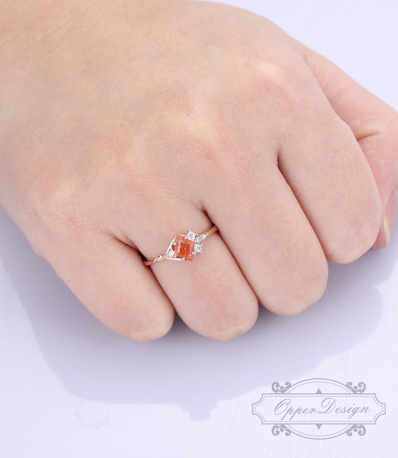 Rhombus Cut 6x8mm Natural Sunstone Wedding Ring, Dainty Birthstone