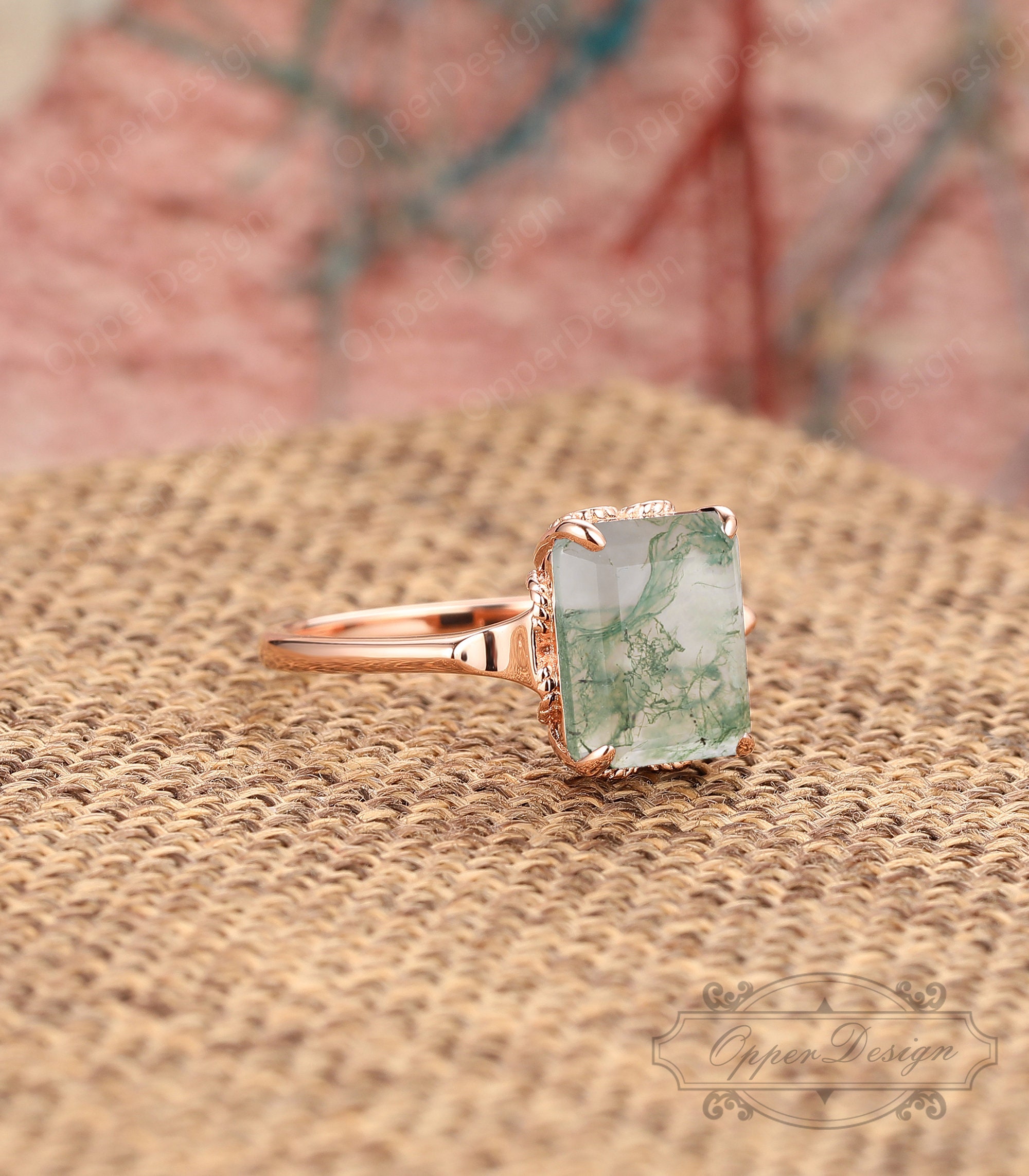 Baguette Shaped 8x11mm Moss Agate Ring Vintage Wedding Ring | Etsy