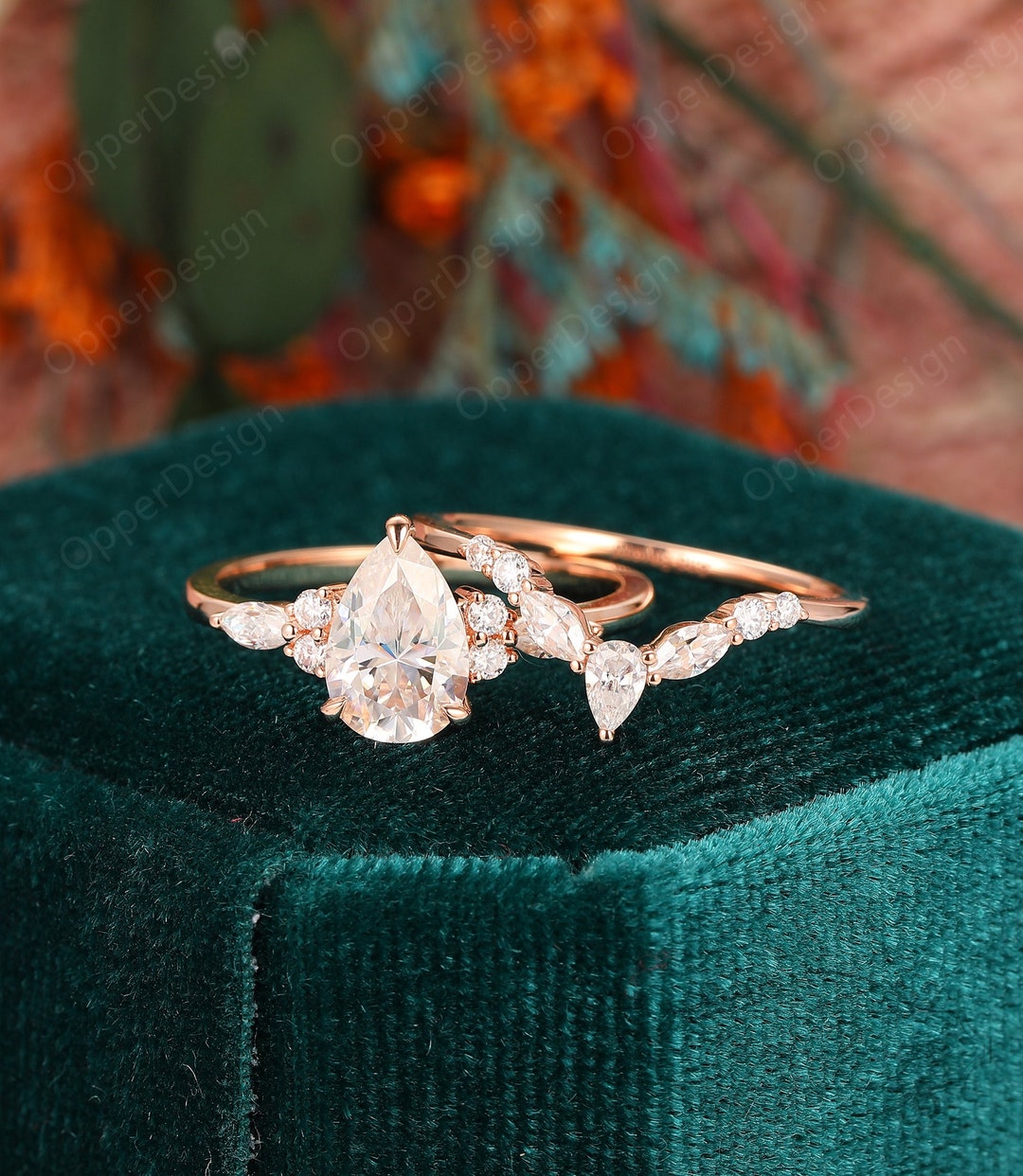 18k Solid Gold Moissanite Wedding Ring Set, Unique Matching Ring ...
