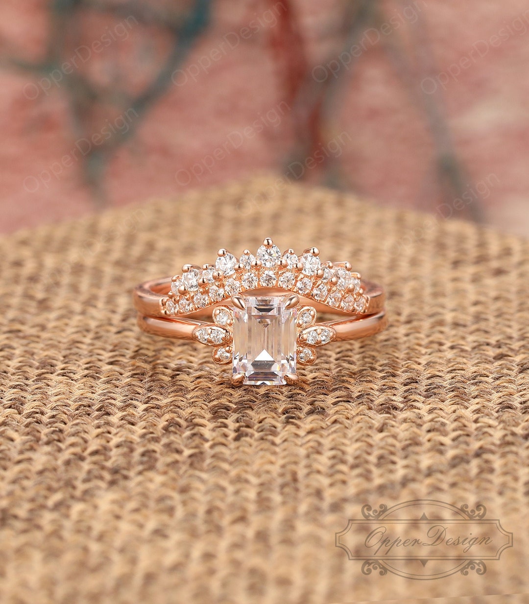 Art Deco Stack Ring, Engagement Ring, Emerald Cut 5x7mm Moissanite Ring ...