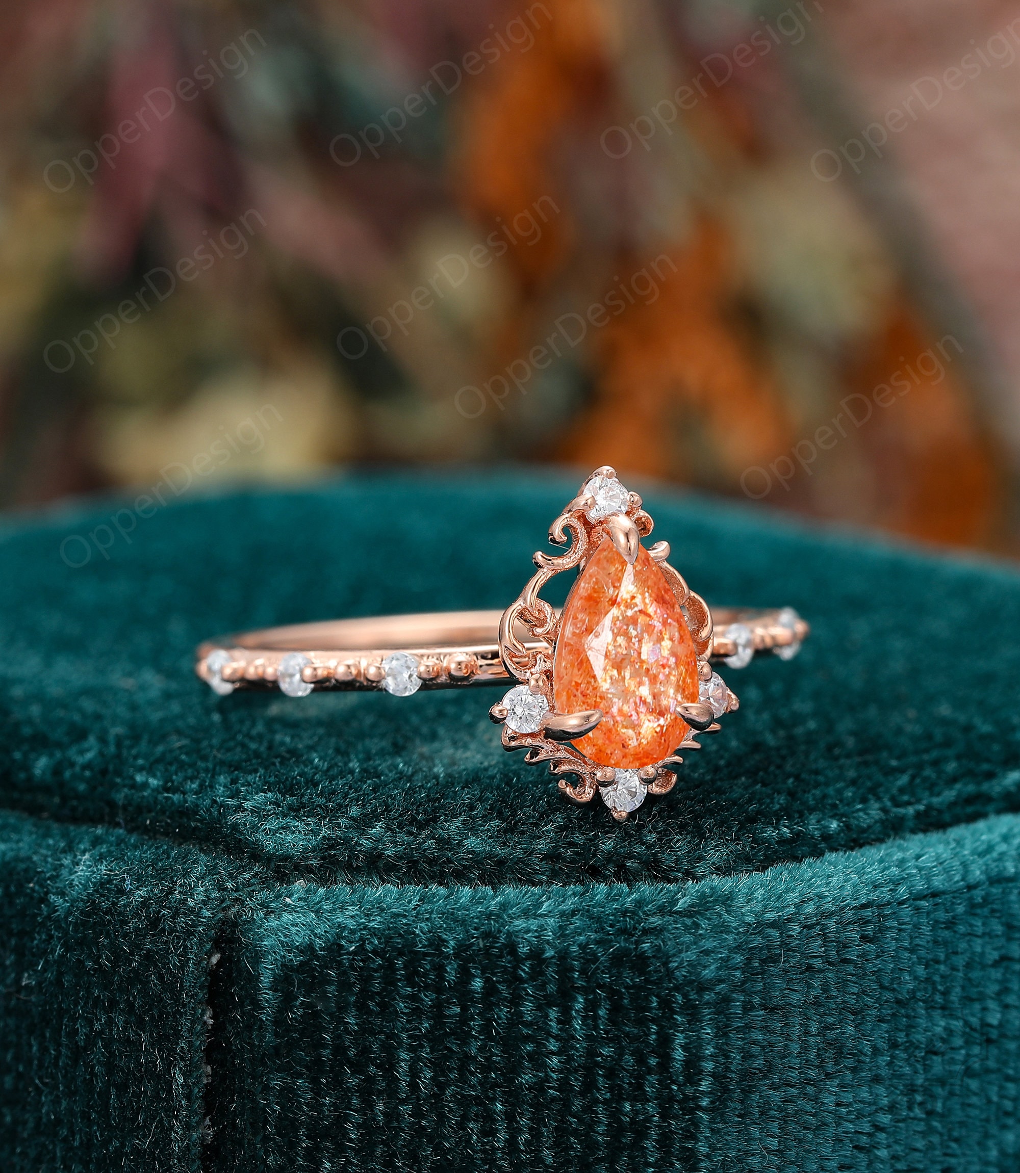 BACKLASH×ジュンウエゾノ　SUN RING 17号 Natural Sunstone Engagement Ring, Pear Cut 5x8mm Sunstone Wedding