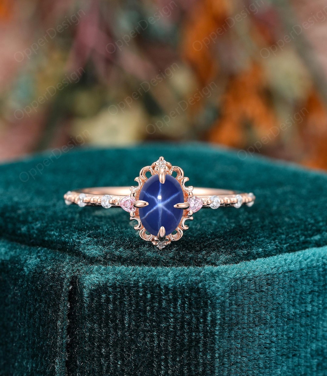 Blue Star Sapphire Engagement Ring for Women, Solid Gold Sapphire