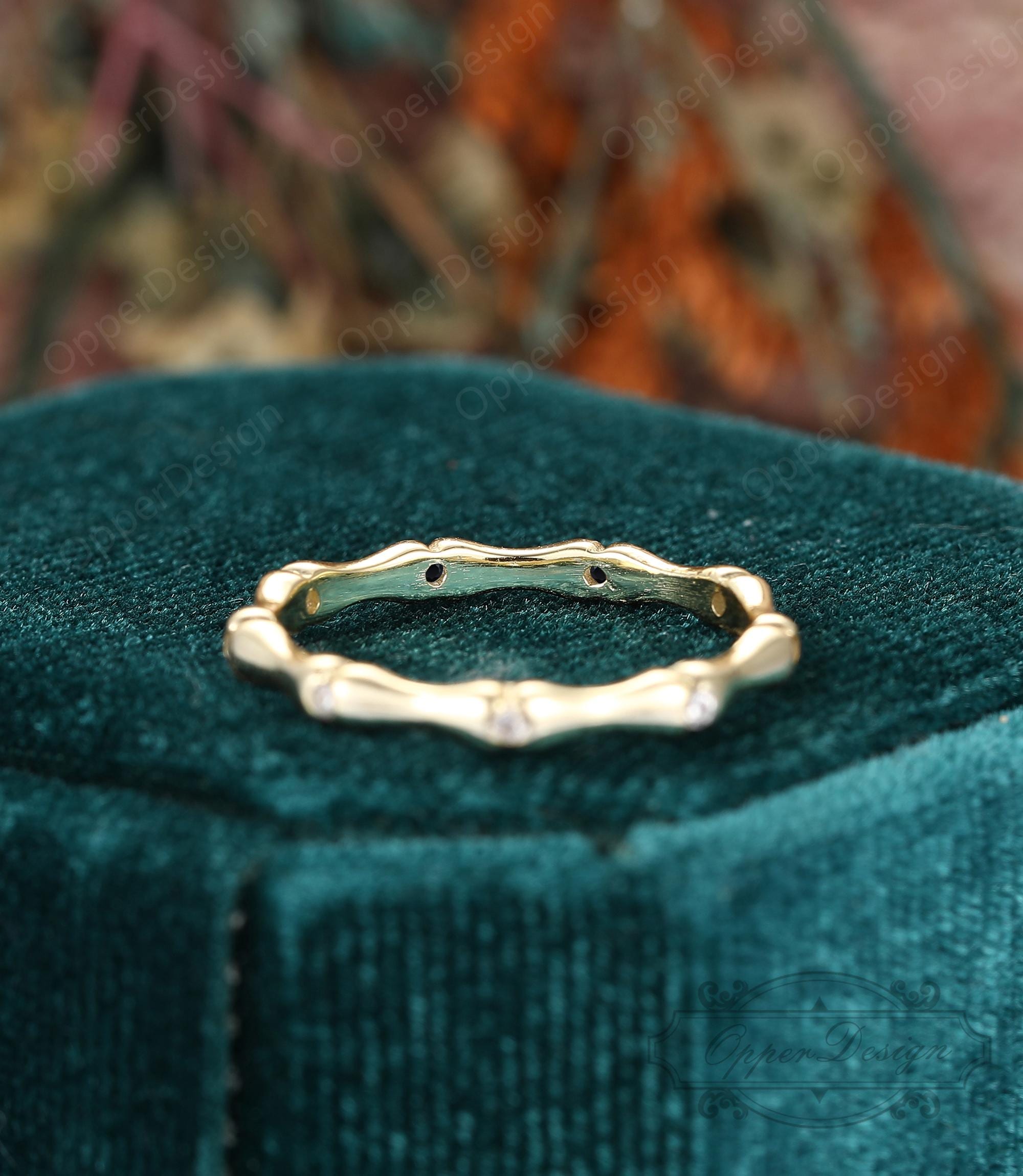 14K Solid Gold Bamboo Ring, Bamboo Ring, Black Spinel Gold Band Ring ...