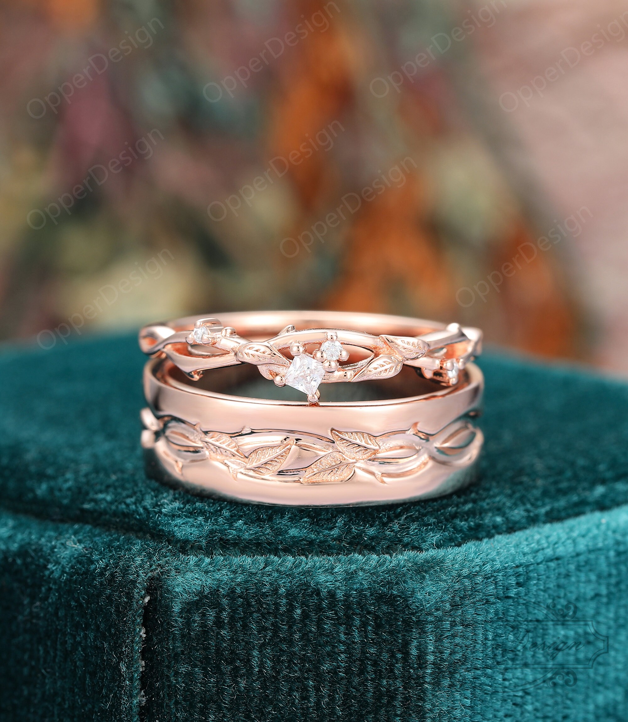 2PCS Rose Gold Couple Ring Set, His and Hers Matching Wedding Band
