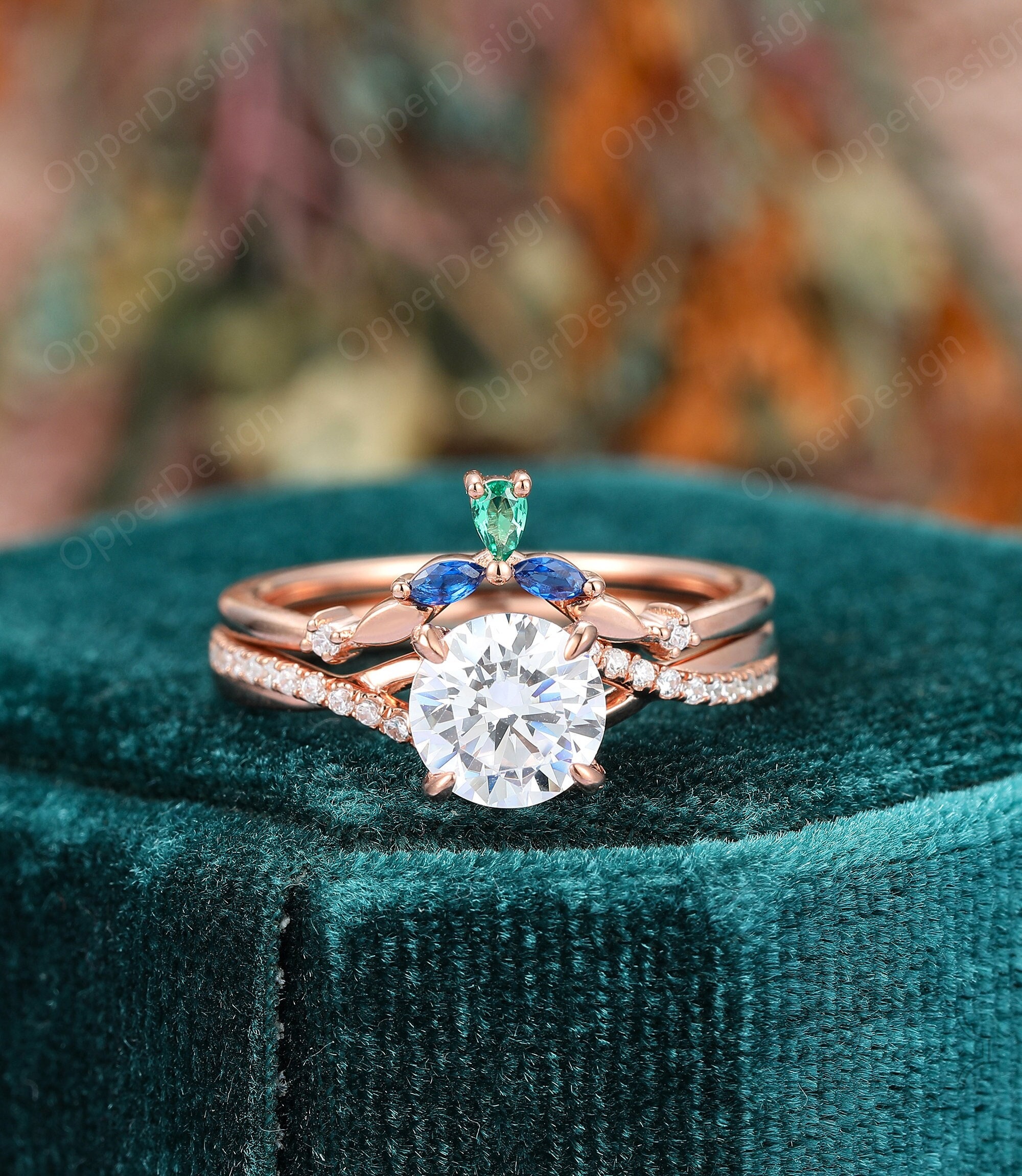 Art Deco Bridal Set, 7mm Round Cut Moissanite Engagement Ring,pave