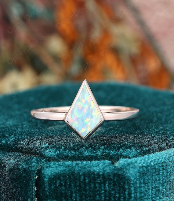 Vintage Kite Cut White Opal Engagement Ring, Solid 14k Rose Gold