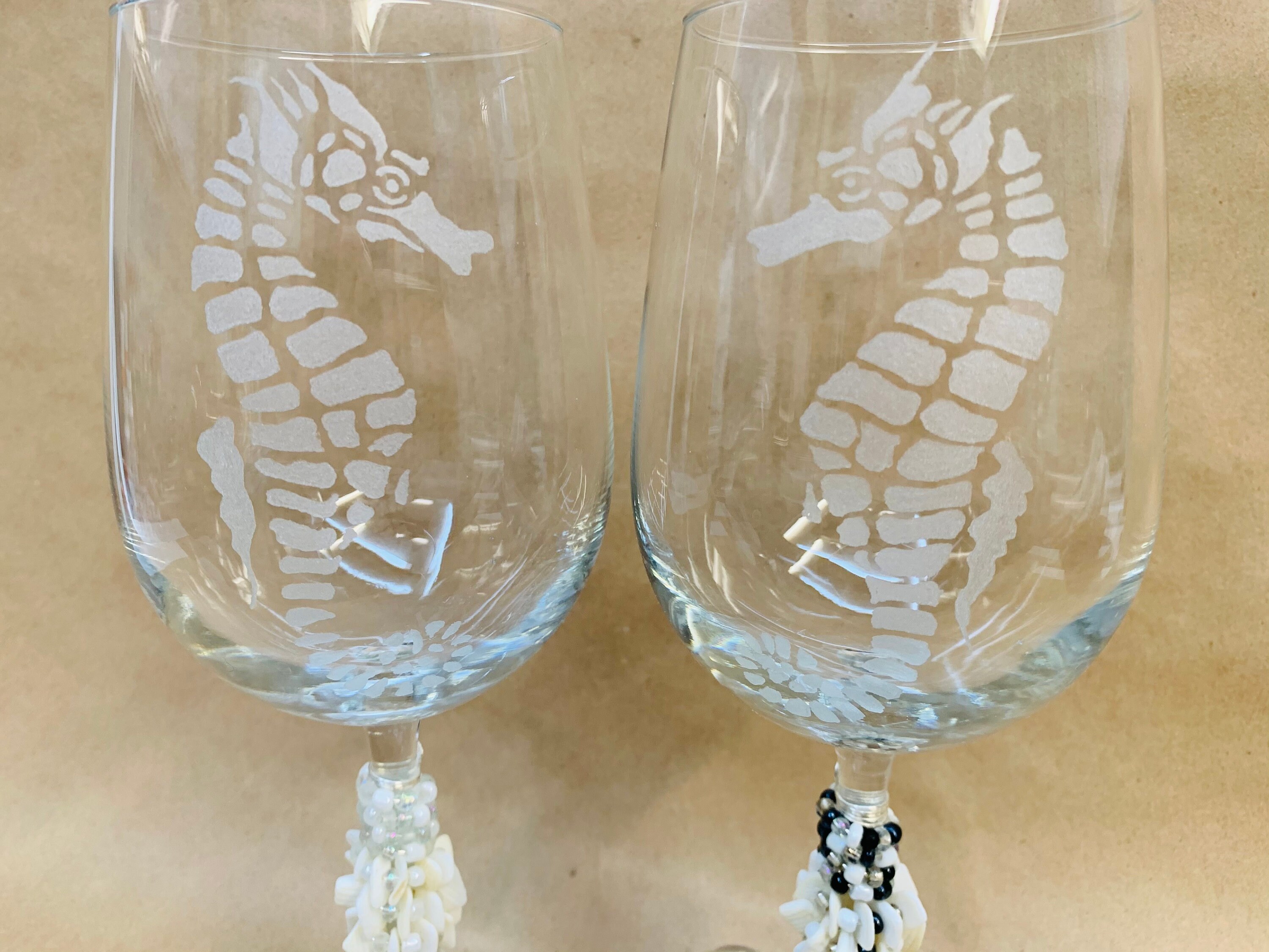 Seahorse Etched Wine Glasses With Bead Wrapped Stems Etsy