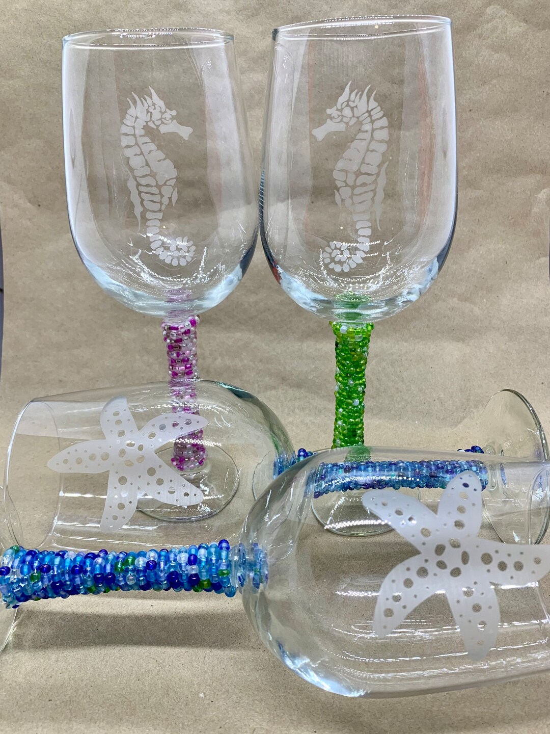 Seahorse Starfish Etched Wine Glasses With Bead Wrapped Stems Etsy