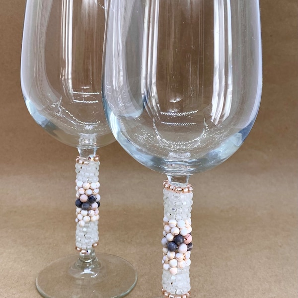 2 Wine Glasses with Bead Wrapped Stems